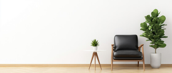 Wall Mural - Mid Century Minimalist Living Room, featuring a leather armchair, sleek table, white walls, and warm wooden flooring.