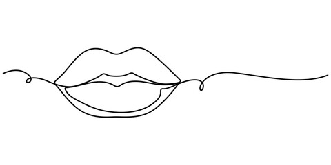 Fototapete - Single continuous one line art female lips. Beauty salon woman girl smile concept design sketch outline drawing vector illustration, Woman Lips Continuous Line Art Illustration, Vector lips continuous