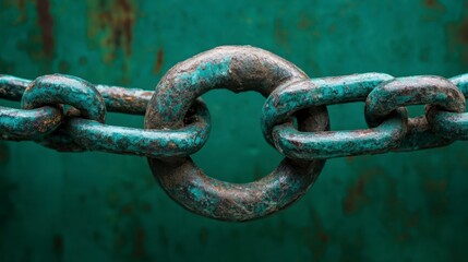Poster - Rusty Green Metal Chain Link Closeup Strength Connection Industry