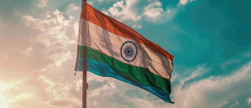 create an indian flag background with blue sky background