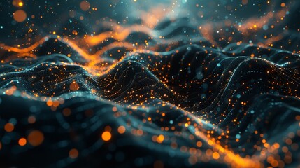 Leinwandbilder - Cyber big data flow and blockchain data fields in a 3D illustration. Digital waves and particles.