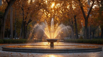 Poster - Serene Autumn Sunset: Golden Hour Illumination of a City Park Fountain