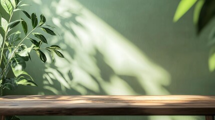 Poster - A beautifully crafted wooden table sits beneath a sunlit space, casting soft shadows against a lush green wall. The vibrant leaves add a touch of nature's beauty, inviting tranquility