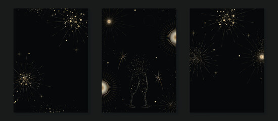 Wall Mural - happy holidays greeting card design vector set. decorative gradient vibrant golden festive firework 