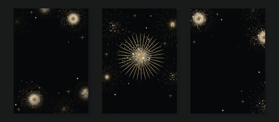 Wall Mural - happy holidays greeting card design vector set. decorative gradient vibrant golden festive firework 