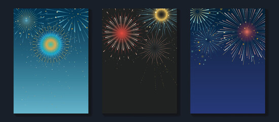 Wall Mural - happy holidays greeting card design vector set. decorative gradient vibrant golden festive firework 