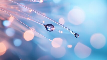 Poster - water droplets glistening on fine fibers with soft blue and purple bokeh background