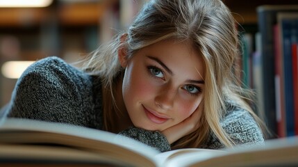 Poster - A young woman with long hair rests her chin on her hands, gazing thoughtfully at an open book in a library