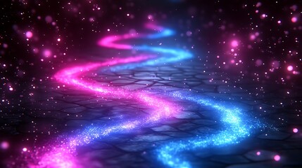 Wall Mural - glowing pink and blue trails on dark stone path.
