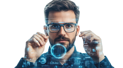 Poster - Tech Visionary: A pensive, stylish man with a beard gazes intently through futuristic glasses, data streams swirling around him, symbolizing innovation and technological advancement. 