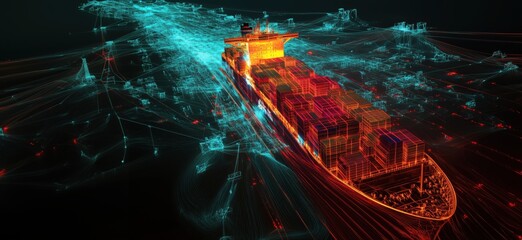 Poster - Cargo ship navigating digital network, vibrant neon colors, intricate data visualization, shipping containers, maritime technology, copy space for text