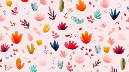 Poster - colorful floral pattern featuring various plant shapes on a light pink background