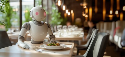 Poster - Robot waiter in modern restaurant, humanoid design, serving food, contemporary decor, ambient lighting, diners in background, copy space for text