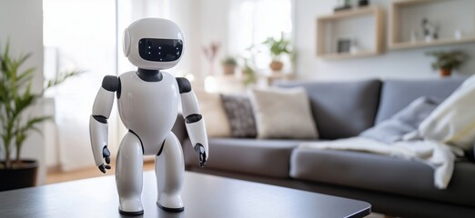 Poster - Robot companion in modern living room, sleek design, bright atmosphere, plants and cozy furniture in background, copy space for text