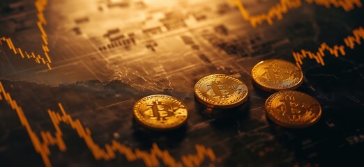 Poster - Bitcoin coins on financial chart background, showcasing cryptocurrency market trends and fluctuations, copy space for text