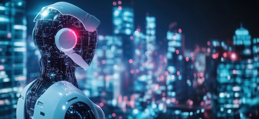 Poster - Futuristic robot overlooking city skyline, high-tech design, glowing lights, cybernetic features, urban environment, night scene, copy space for text