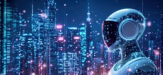 Poster - Futuristic robot in neon cityscape, showcasing advanced technology and digital aesthetics. Robot features sleek design, illuminated circuits, vibrant urban background., copy space for text