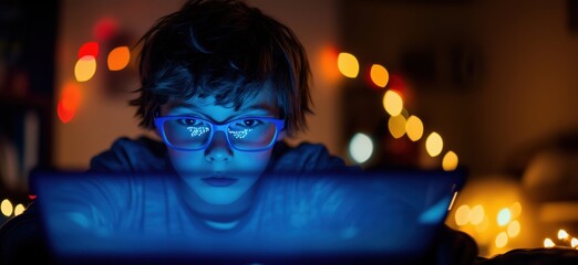 Poster - Child focused on laptop screen, illuminated by blue light, wearing glasses, surrounded by colorful bokeh lights, evening setting, copy space for text