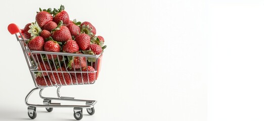 Poster - Fresh strawberries in shopping cart, vibrant red berries, green leaves, white flowers, minimalistic background, copy space for text