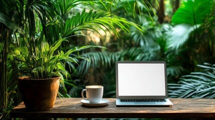 Aufkleber - Surrounded by lush greenery, a rustic wooden table holds a warm cup of coffee and a blank laptop, inviting a peaceful moment for creativity and relaxation in nature’s embrace