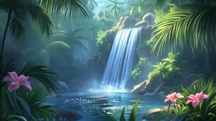Poster - Sunlight filters through thick tropical foliage, illuminating a serene waterfall cascading into a crystal-clear pool. Exotic flowers bloom nearby, adding vibrant colors to the lush landscape