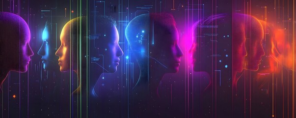 Poster - Abstract representation of human profiles in vibrant colors, symbolizing digital evolution and artificial intelligence. Ideal for themes of innovation and future technology.