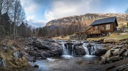 Poster - Serene Mountain Cabin Beside a Cascading Waterfall: A Picturesque Winter Landscape in Norway