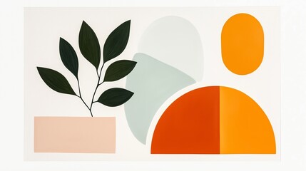 Poster - Abstract composition of shapes and plant with bold colors creating a modern aesthetic