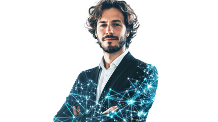 Poster - Connected Businessman: A confident, modern businessman with a determined expression, his suit overlaid with a mesmerizing network of glowing blue lines.