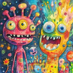 Poster - Vibrant Psychedelic Cartoon Characters in Bold Watercolor Designs Featuring Groovy Retro Harmony and Colorful Patterns  Whimsical and imaginative digital with a playful surreal and experimental feel