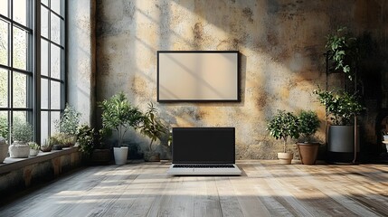 A laptop is on a wooden floor in a room with a large window