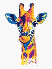 Poster - Vibrant and colorful digital painting featuring a stylized giraffe portrait with a serene nature backdrop and rustic elegance  isolated on a clean white background for versatile t shirt design