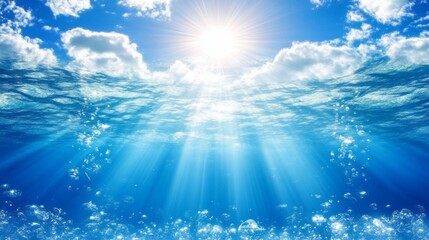 Poster - Sunbeams pierce through calm waters, creating a mesmerizing display of light and bubbles, enchanting all who explore this underwater paradise at midday
