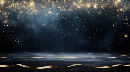 Wall Mural - Gold stars with waves on dark blue background. Fantasy background concept