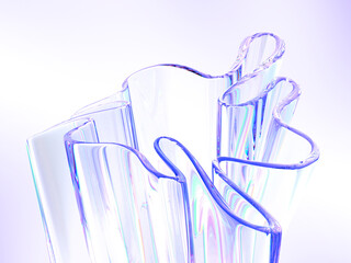 Poster - 3d abstract liquid glass transparent ribbon water wave line in flower shape with folds render. Floral curve iridescent fluid flow with holographic gradient texture, dispersion light. 3D illustration