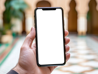 Poster - hand holding smartphone with blank white screen in elegant indoor setting
