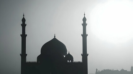 Sticker - Silhouette of a mosque against a bright sky, highlighting architectural beauty.