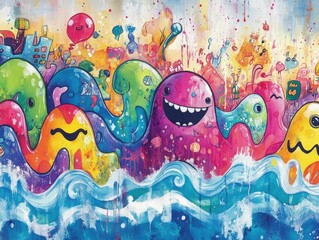 Poster - Vibrant watercolor waves and bold retro inspired cartoon characters create a visually striking and harmonious composition bursting with color energy and a touch of whimsy