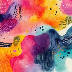 Poster - This vibrant and dynamic abstract artwork showcases a captivating fusion of watercolor techniques  bold retro patterns  and groovy expressions  The fluid gradients  swirling textures