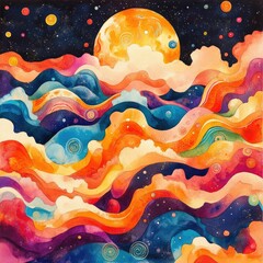 Poster - Vibrant watercolor abstract landscape with trippy retro waves bold funky patterns and harmonious designs  A surreal psychedelic scene of digital with fluid curves swirls and dynamic movement