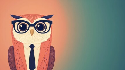 Poster - Cartoon Animated Owl Character Wearing Glasses Professionally Presenting Business Data Financial Information or Digital Tech Solutions in a Corporate Office Setting
