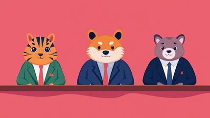 Poster - Cartoon Animated Animal Executives Dressed in Formal Suits Analyzing Financial Charts and Data in a Boardroom Meeting for Business Strategy and Financial Decision Making