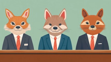 Poster - A group of animated cartoon animals including foxes and other species dressed in formal suits and ties gathered around a boardroom table