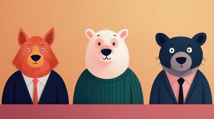 Poster - Cute Cartoon of Animated Corporate Animal Coworkers Collaborating on a Team Project in an Office Setting