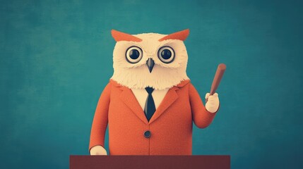 Poster - Cartoon Animated Owl Character Pointing and Explaining a Strategic Plan to a Group of Animated Animal Figures in a Business Meeting or Office Setting  Concept of Leadership Guidance Expertise