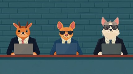 Poster - Whimsical cartoon animal characters working together on laptops in a vibrant modern coworking office environment  The image depicts a collaborative