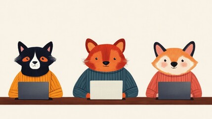 Poster - Cartoon Animated Animals Working at Laptops in Modern Coworking Office Space Environment  of Cute Raccoon Fox Characters Collaborating and Using Digital Devices in Innovative Workspace