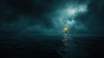 Wall Mural - A dark, stormy night on the ocean with a mysterious lighthouse glowing faintly in the distance, surrounded by mist; the eerie light cuts 