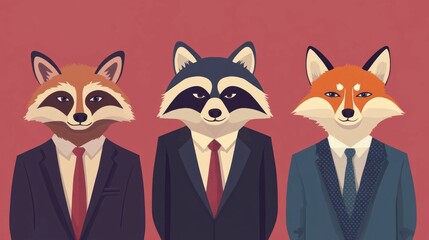 Poster - Cartoon Animated Animals in Business Suits Collaborating to Solve Complex Corporate Problems and Find Innovative Solutions Through Teamwork and Strategic Planning