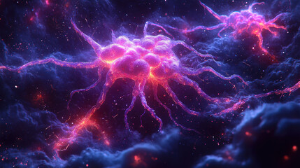 Poster - Colorful Neural Network Illustration Depicting Brain Connections and Synapses in Space
